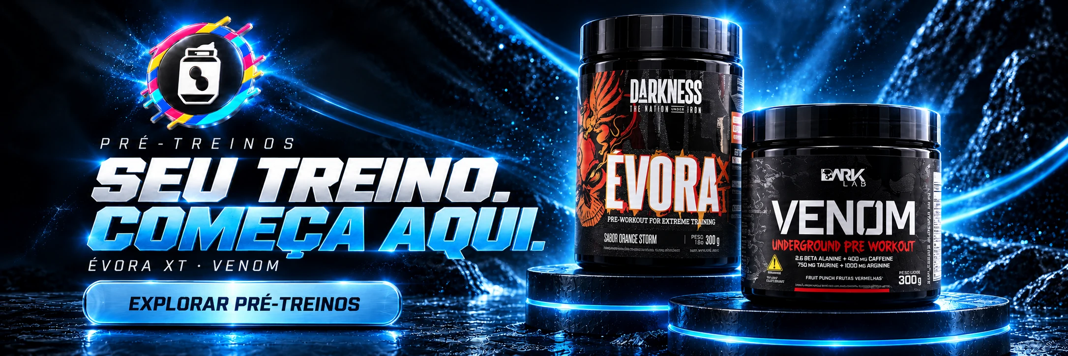 Seu treino. Começa aqui. Pré-treinos Évora XT da Darkness e Venom da Dark Lab, com a logo C4 em uma composição azul. Explorar pré-treinos.